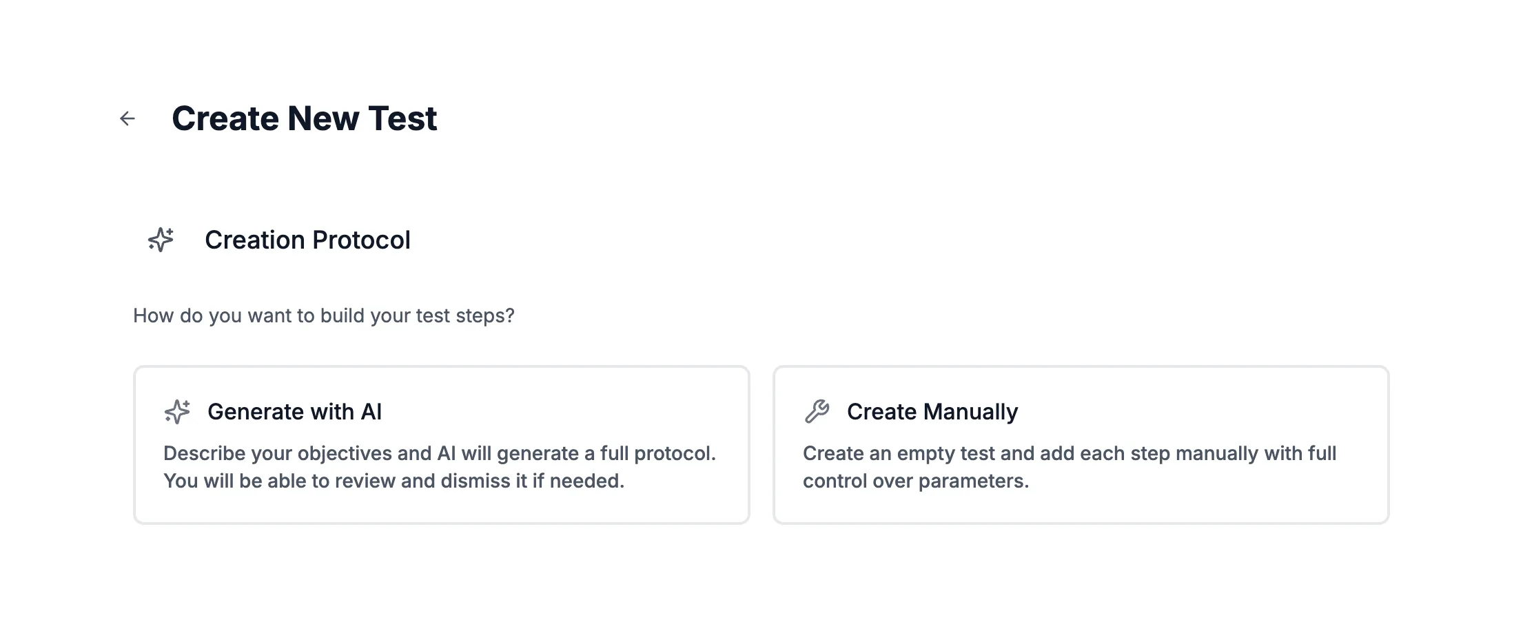 Create New Test: choose creation protocol